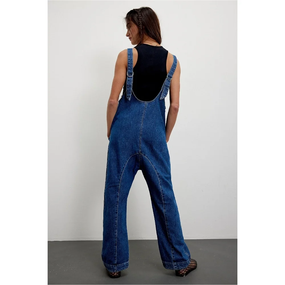 Free People Blue Denim V-Neck Utility Jumpsuit